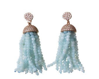 Long Stone Tassel Earrings/ Silver With Cubic Zirconia/ Natural Stone/ Gold Plated Silver/ Pink Earrings/ Blue Earrings