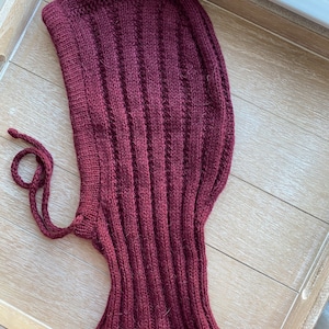 Burgundy red balaclava hood with drawstrings alpaca and wool mix
