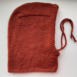 May include: A rust-colored knitted hood with a drawstring. The hood is made of a textured yarn and has a ribbed edge around the face opening. The drawstring is also rust-colored and knotted at the ends.