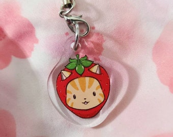 STRAWBERRY CAT kawaii animal fruit mini 1" double-sided acrylic charm hook clasp keychain phone strap