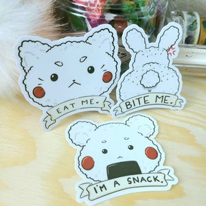 Grumpy Cat Eat Me, Bunny Rabbit Bite Me, Bear I&#39;m A Snack Rice ball Kawaii Onigiri 3 INCH waterproof weatherproof vinyl sticker