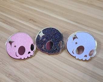 Kawaii Sparkle Holo Glitter Skull Hard Enamel Pin 1.25 inches Available in White, Pink or Black