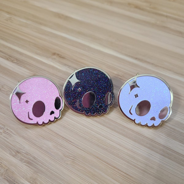 Kawaii Sparkle Holo Glitter Skull Hard Enamel Pin 1.25 inches Available in White, Pink or Black