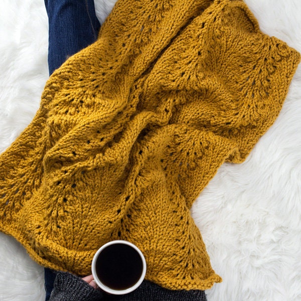 Chunky Blanket Knitting Pattern -  Super Bulky Throw Knit Blanket - Fan & Feather Knit Stitch Pattern - Boundaries
