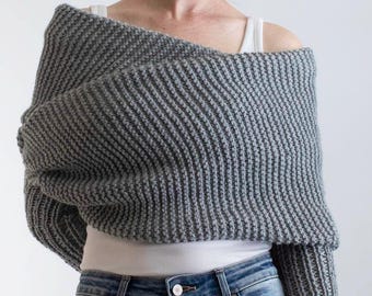 KNITTING PATTERN, Chunky Knit Sweater Scarf Pattern, Beginner Garter Stitch Garment Knitting Pattern, Overcast