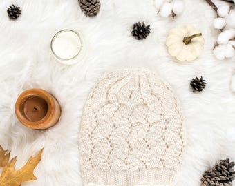 Fall Hat Knitting Pattern, Elegant Herringbone Knitting Stitch Lace Hat, Pretty Knitted Hat, Heavenly