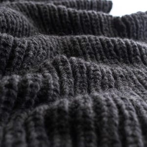 May include: Close-up of a dark gray knitted fabric with a ribbed texture. The fabric appears soft and warm, with visible yarn strands creating a textured surface. The image highlights the details of the knit, suggesting a cozy garment or accessory.