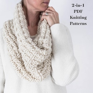 May include: Cream-colored knitted cowl scarf. The chunky knit scarf is wrapped around the neck. The image also includes the text "2-in-1 PDF Knitting Patterns". The scarf is made of a soft, textured yarn.