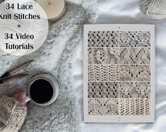 34 Lace Knit Stitch E-Book Bundle + Video Tutorials - How to Knit Lace for Beginner to Advanced Beginners