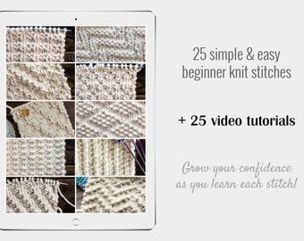 25 Beginner Knit Stitches eBook Bundle + 25 Video Tutorials - How to Knit Beginner Stitches - Easy Knit Stitches for Beginners