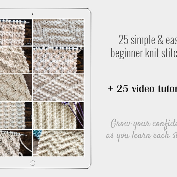 25 Beginner Knit Stitches eBook Bundle + 25 Video Tutorials - How to Knit Beginner Stitches - Easy Knit Stitches for Beginners