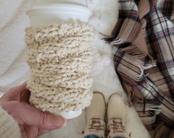 Knitting Pattern, Chevron Coffee Cup Cozy Sleeve Pattern - Beginner Pattern Knit Flat, Knit and Purl Stitches, Quick & Easy Knit Gift