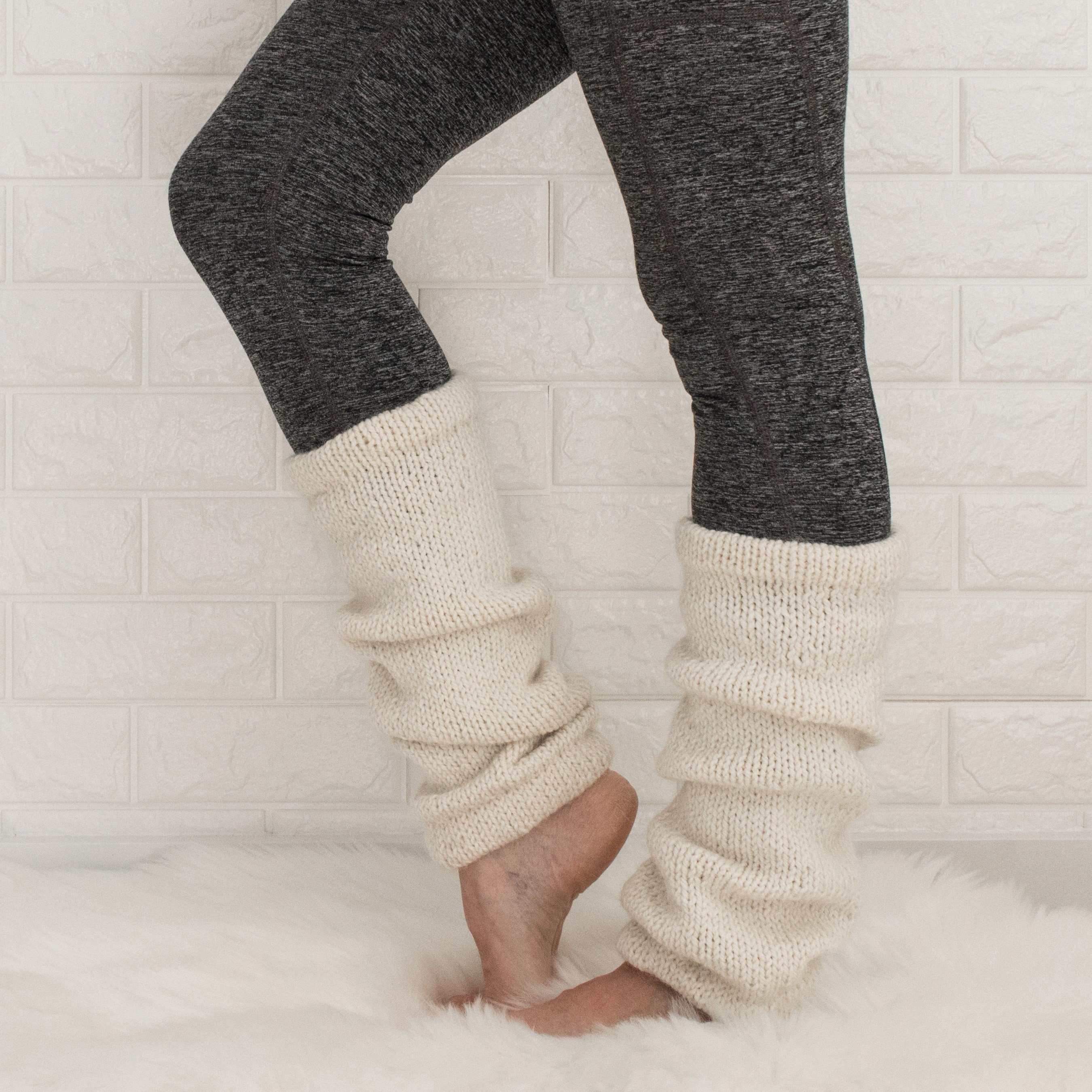 Fair Isle Leg Warmers, Wide Calf Model, Finely Knitted Nordic Star Pattern  Grey and White Combination 