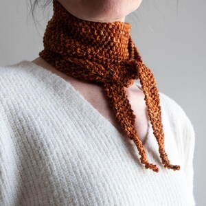 May include: A rust-colored, hand-knitted scarf with a textured garter stitch pattern. The scarf is tied in a simple knot at the front, featuring two tapered ends that hang down. It is worn over a white, ribbed, long-sleeved knit sweater.