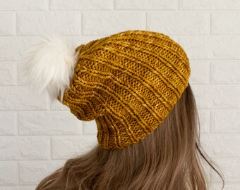 Ribbed Slouchy Hat Knitting Pattern - Knit in the Round {no seam} + Decrease for the Crown - Knit with Bulky Yarn, so it Knits up Quick!