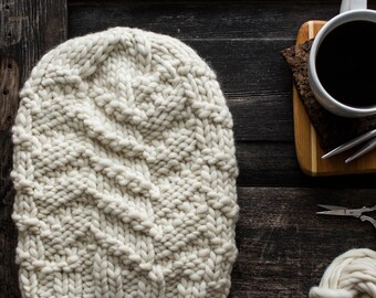 Modern Slouchy Knit Beanie Knitting Pattern, Puffy Alternating Chevron Stitch Knit Hat Pattern, Hearty
