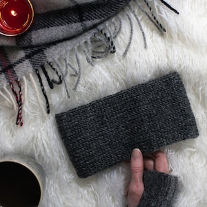 May include: A grey knitted headband on a white fluffy surface. The headband is made of a soft, textured yarn.