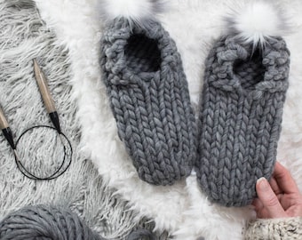 Gray Day - Knitting Pattern - Knit Simple House Slippers - Faux Pom Pom - Brome Fields
