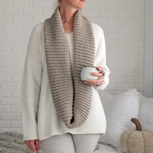 Knitting Pattern, Infinity Scarf Download, Easy Beginner Scarf, Rib Knit Stitch, Loose Knit Circle Scarf, Knit in the Round, Self-care