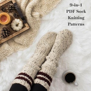 9-in-1 Sock Knitting Patterns Set, Bundle of Beginner Sock Patterns, Cozy Cabin Socks, Chunky Knit, Worsted Sock Pattern, Cable Knit Sock