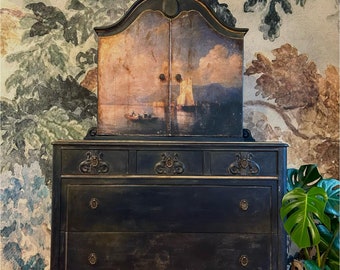 Antique Cabinet/Dresser featuring 'Lake Maggiore' Landscape Painting