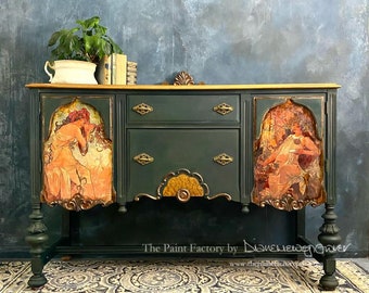 SOLD Antique Buffet featuring Alphonse Mucha paintings