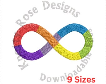 May include: Rainbow colored infinity symbol embroidery design.  Downloadable in 9 sizes.  Rose Designs.