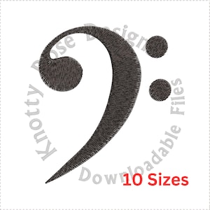 May include: Black and white bass clef music symbol embroidery design. 10 Sizes.