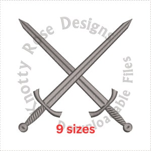 May include: Two silver swords crossed over each other. The swords have a twisted handle and a pointed tip. The text "Knotty Rose Designs Downloadable Files 9 sizes" is written in a circle around the swords.