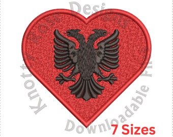 Disegno per ricamo a macchina con cuore e bandiera dell'Albania (download immediato)