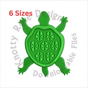 May include: Green turtle embroidery design with a geometric pattern on its shell. The design is available in six sizes.