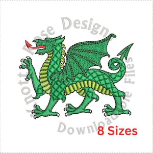 May include: Green dragon embroidery design with a red tongue and black outlines. The design is available in 8 sizes. The text "Knott Rose Designs" and "Downloadable Files" are in a circle around the dragon.