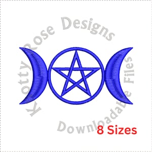 Puede incluir: Símbolo de la triple luna azul con un pentagrama en su interior. El símbolo está rodeado del texto "Rose Designs Downloadable Files 8 Sizes".