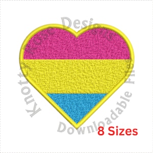 May include: A heart-shaped embroidery design featuring the pansexual pride flag colors: pink, yellow, and blue. The design is outlined in yellow.