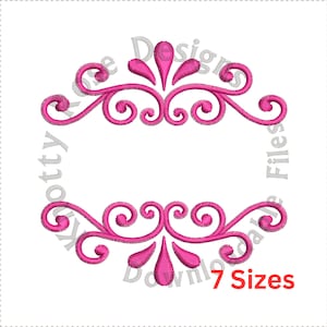 May include: A pink embroidery design of a decorative frame with a scrollwork pattern. The design is available in 7 sizes.