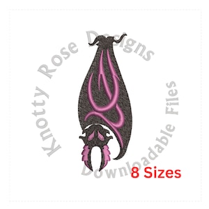 May include: A black and pink bat embroidery design with the text "Knotty Rose Designs" and "Downloadable Files 8 Sizes" around the bat.