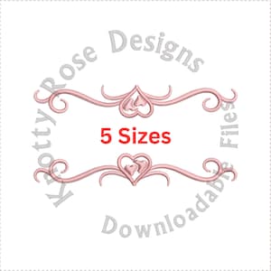 May include: Pink embroidery design with a double heart in the center and a decorative scroll design on either side. The text "5 Sizes" is written in red below the design.