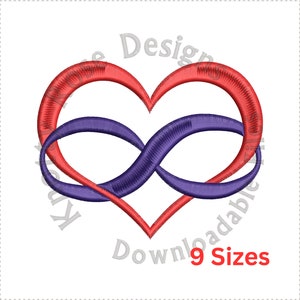 May include: An embroidery design of a red heart intertwined with a purple infinity symbol. The design is perfect for creating personalized gifts or adding a touch of love to any project.