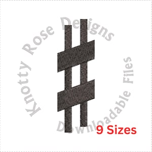 May include: A black and white embroidery design of a musical sharp symbol. The design is available in 9 sizes. The design is for embroidery and is not a physical product.