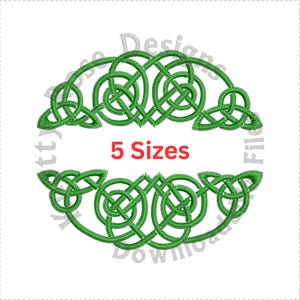May include: Green Celtic knot design embroidery pattern, available in 5 sizes. The design features a repeating pattern of interlaced knots.