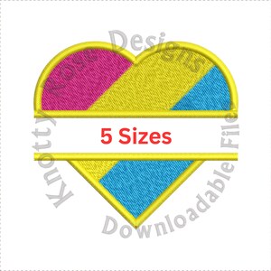 May include: Embroidered heart design with pink, yellow, and blue sections, outlined in gold. The text "5 Sizes" is displayed in red across the center. The design is labeled "Knotty Designs Downloadable File".