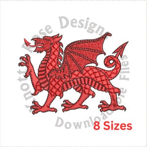Op de afbeelding: Rode draak met vleugels en een staart, een traditioneel Welsh symbool. De draak is zwart omlijnd en heeft een schubbige textuur.