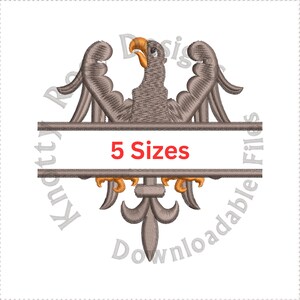 May include: Embroidered design of a heraldic eagle with outstretched wings, holding a banner with the text "5 Sizes". The eagle is brown and gray with orange accents. The banner is gray with white text. The design is surrounded by a circular border with the text "Knotty Designs Downloadable Files".