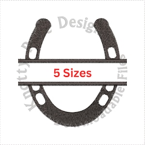 Könnte beinhalten: Ein schwarzes Hufeisen mit einem horizontalen Balken in der Mitte. Der Balken trägt den Text "5 Größen" in Rot.