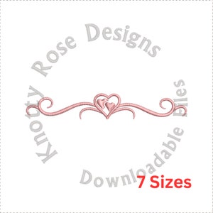 May include: A pink embroidered design of two hearts with a decorative swirl on either side. The design is surrounded by the text "Knotty Rose Designs" and "Downloadable Files 7 Sizes".