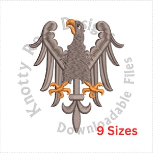 May include: A gray embroidered eagle with orange talons and a gray fleur-de-lis. The eagle is standing on a gray base. The image is surrounded by text that says "Knotty Designs" and "Downloadable Files 9 Sizes".