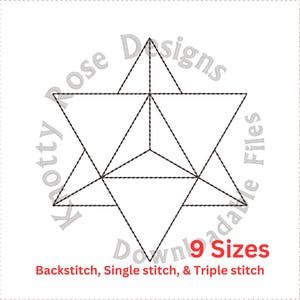 May include: A black and white line drawing of a geometric star shape with a 3D effect. The image includes the text "Knotty Rose Designs" and "Downloadable Files" in a circle around the star. The text "9 Sizes" is below the star, and the text "Backstitch, Single stitch, & Triple stitch" is below that.