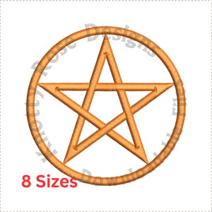 May include: A gold pentagram, or five-pointed star, inside a circle. The design is outlined in a thicker gold thread.