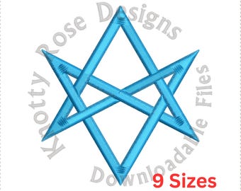 May include: A blue six-pointed star with overlapping lines, forming a geometric pattern. The star is centered on a white background with the text "Knotty Rose Designs Downloadable Files 9 Sizes" around the star.