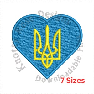 May include: A blue heart-shaped patch with a yellow Ukrainian trident in the center. The text "Downloadable 7 Sizes" is below the patch.